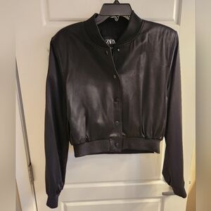 Zara Black Satin-Cropped Bomber Jacket Size M